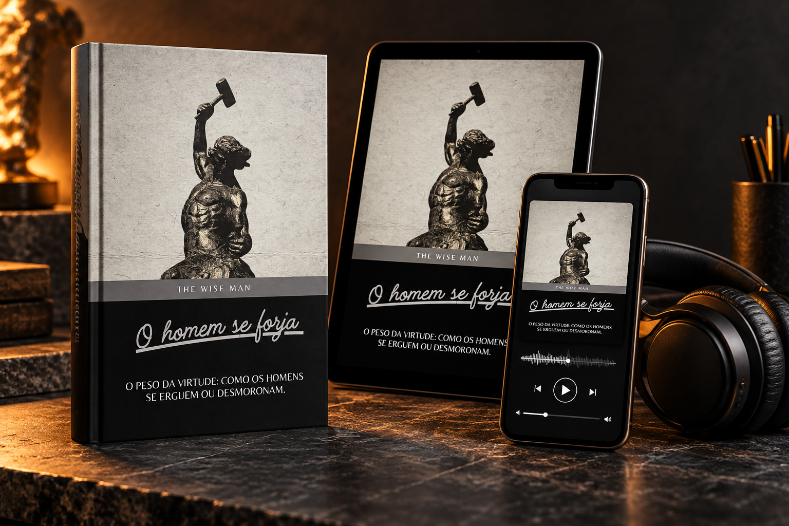Nova composição do livro O Homem se Forja com tablet, celular com player de audiobook e fones